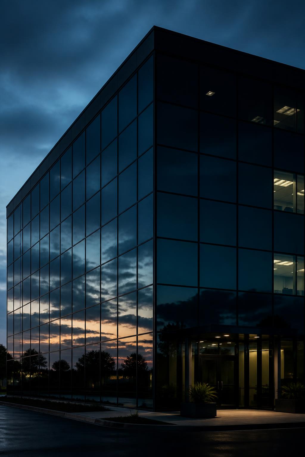 Commercial glass office building at dusk with dark solar window film